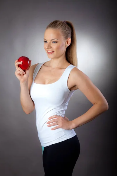 Beautiful Elegant Woman Eats Apple Maintain Slim Figure — Stock Photo, Image