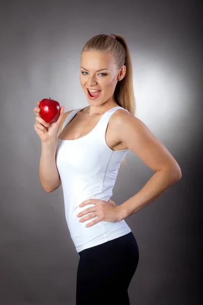 Beautiful Elegant Woman Eats Apple Maintain Slim Figure — Stock Photo, Image