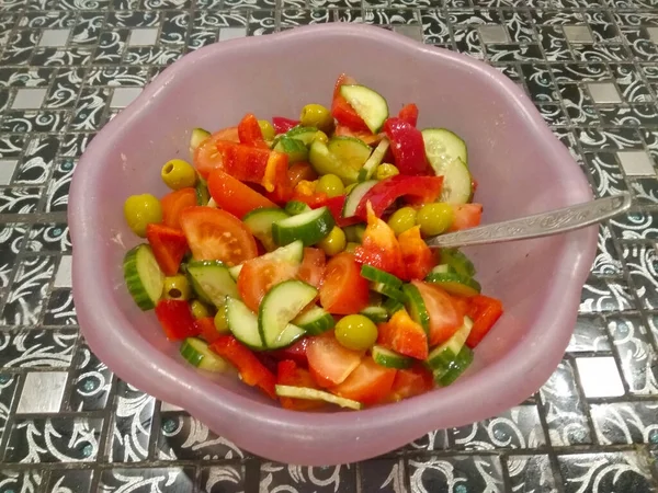 Assiette Avec Une Délicieuse Salade Légumes Steak Viande — Photo