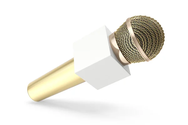 Χρυσό μικρόφωνο απομονωμένο σε λευκό. Προβολή καραόκε ή ειδήσεων με το διαστημικό κουτί 3D απόδοση — Φωτογραφία Αρχείου