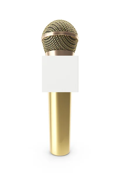 Micrófono dorado aislado en blanco. Karaoke o concepto de noticias con renderizado 3D caja de espacio — Foto de Stock