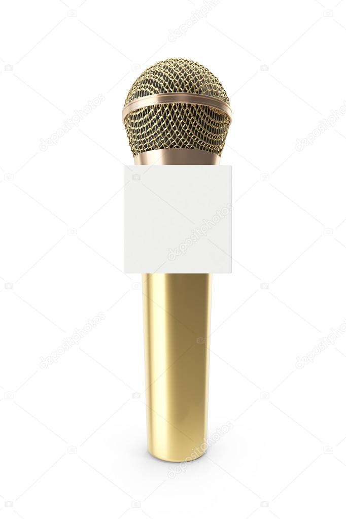 Gold Microphone isolated on white. Karaoke or news concept with space box 3d rendering