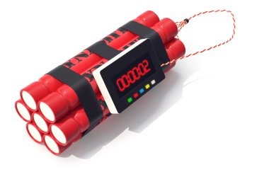 Tnt dinamit kırmızı bomba beyaz arka plan üzerinde izole bir zamanlayıcı ile. 3d illüstrasyon