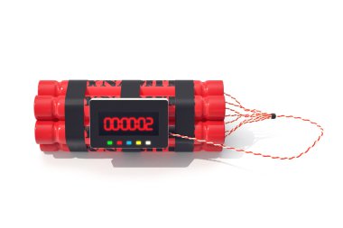 Tnt dinamit kırmızı bomba beyaz arka plan üzerinde izole bir zamanlayıcı ile. 3d illüstrasyon