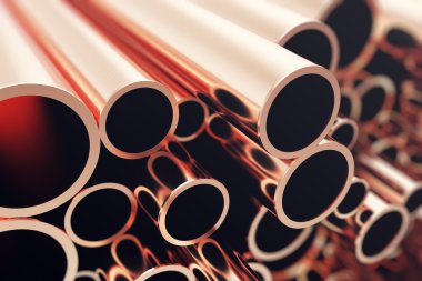 Industry business production and heavy metallurgical industrial products, many shiny steel pipes, industrial background, manufacturing business production concept, copper pipes with selective focus clipart