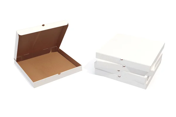 Caixas de pizza isoladas em branco com sombra. Renderização 3d — Fotografia de Stock