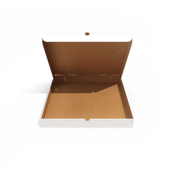 Open empty pizza box isolated on white. 3d rendering — Stock Photo, Image