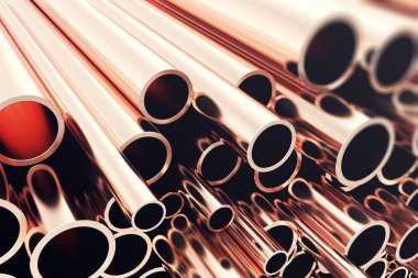 Heap of shiny copper pipes with selective focus effect. 3d rendering clipart