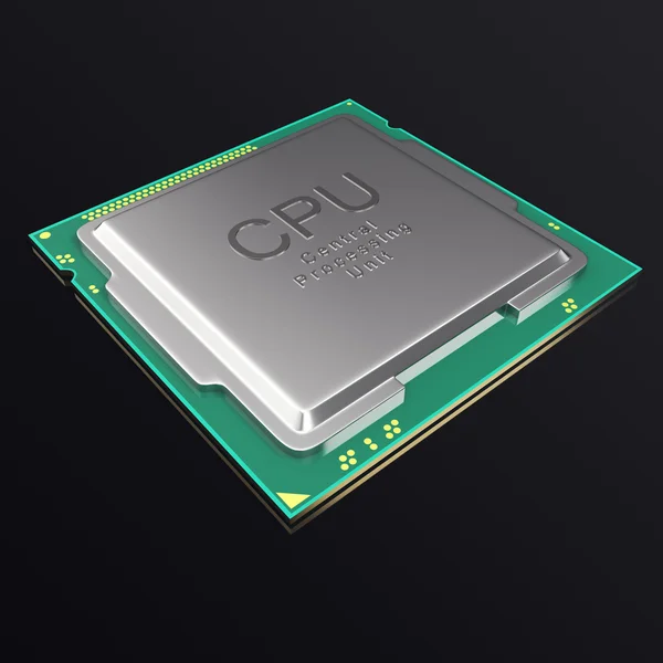 Chip CPU ilustração 3d, unidade de processador central em fundo preto . — Fotografia de Stock