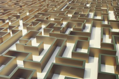 3D çizim altın Labirent, karmaşık problem çözme kavramı.