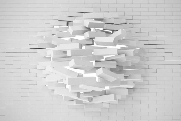 Destrucción de una pared de ladrillo blanco. ilustración 3d — Foto de Stock