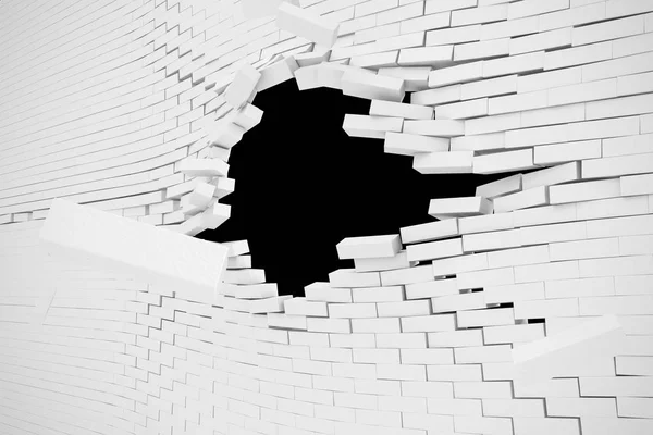 Έκρηξη, καταστροφή της ένα λευκό τοίχο, αφηρημένα φόντο για το πρότυπο για ένα περιεχόμενο. 3D απεικόνιση — Φωτογραφία Αρχείου