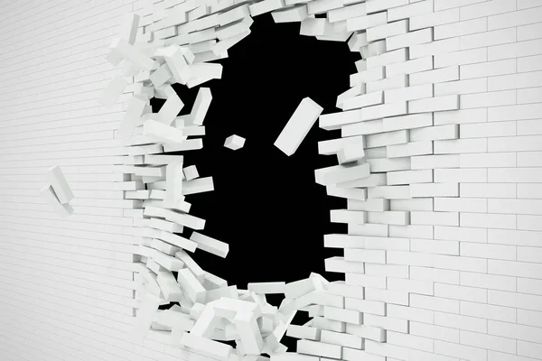 Έκρηξη, καταστροφή της ένα λευκό τοίχο, αφηρημένα φόντο για το πρότυπο για ένα περιεχόμενο. 3D απεικόνιση. — Φωτογραφία Αρχείου