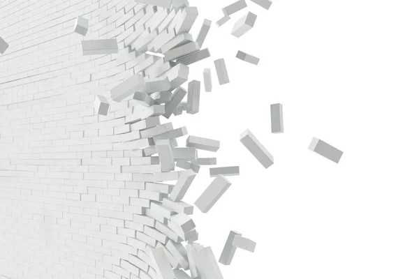 Destrucción de una pared blanca con texto en blanco. ilustración 3d — Foto de Stock