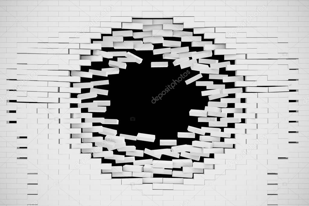 Explosion, destruction of a white brick wall, abstract background for Template for a content. 3d illustration