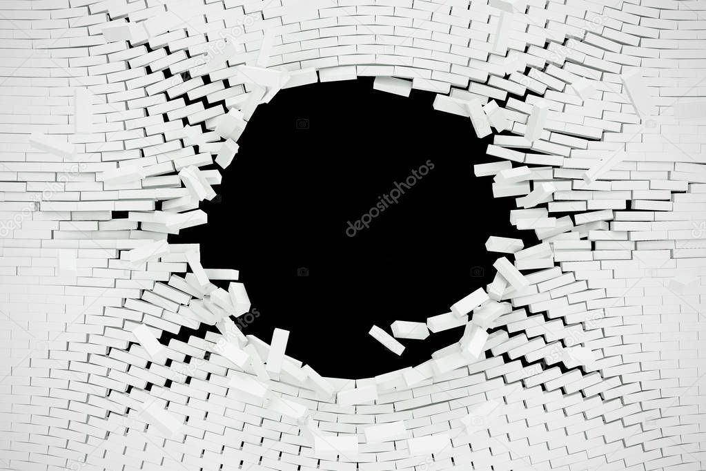 Destruction of a white brick wall for pasting anything text. 3d illustration.