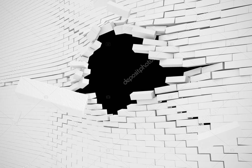 Explosion, destruction of a white brick wall, abstract background for Template for a content. 3d illustration