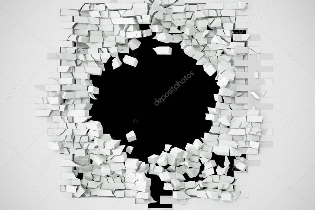 Destruction of a white brick wall for pasting anything text. 3d illustration