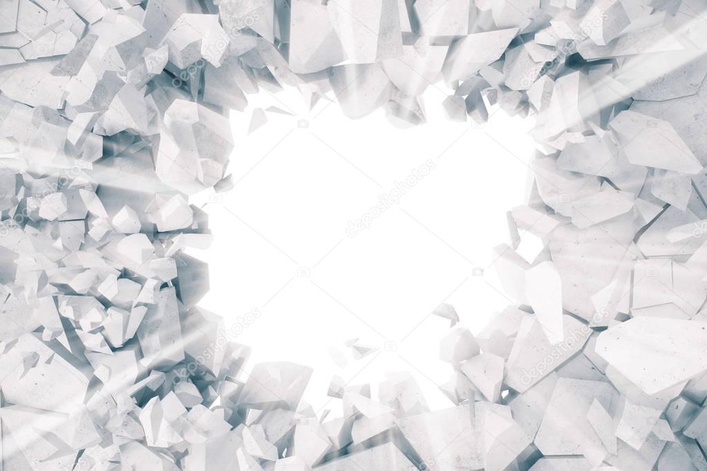 3d rendering, explosion, broken concrete wall, cracked earth, bullet hole, destruction, abstract background with volume light rays.