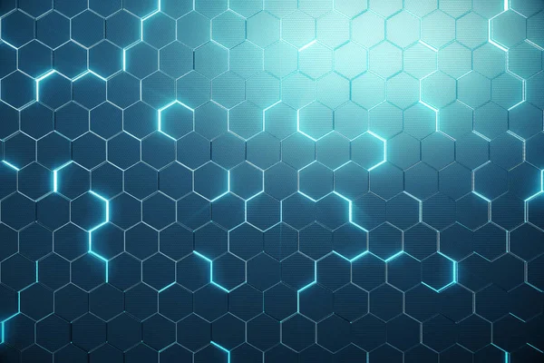 Absztrakt kék futurisztikus felszíni hatszögletű minta a fénysugarak. 3D-leképezés — Stock Fotó