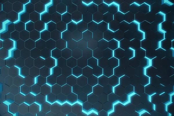 Fondo brillante hexagonal abstracto azul, concepto futurista. Renderizado 3D —  Fotos de Stock