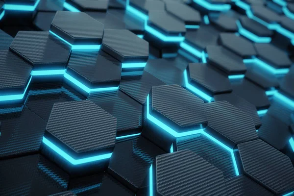 Fondo brillante hexagonal abstracto azul, concepto futurista. Renderizado 3D — Foto de Stock