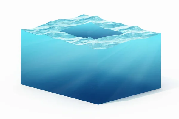 Ilustração de renderização 3d de seção transversal de cubo de água isolado em branco com sombra — Fotografia de Stock