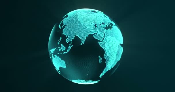 Aarde vanuit de blauwe deeltjes en spinnen. Draaiende globe, schijnt continenten met geaccentueerde randen. Abstracte animatie met gloed en licht stralen effecten. 4 k, loop, Uhd, Prores — Stockvideo