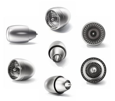 3D render türbinleri ayarla, jet motoru üzerinde izole beyaz arka plan ayarlamak. Teknoloji uçak, motor gücü, bıçak ve fan.
