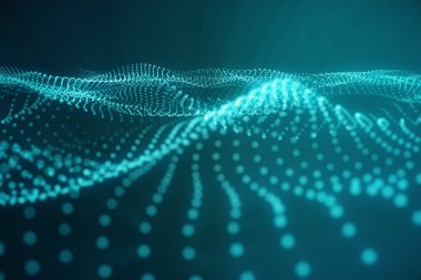 3D render manzara arka plan. Siber yatay kılavuz. 3D teknolojisi. Siyah zemin ışık ışınları üzerine soyut mavi manzara