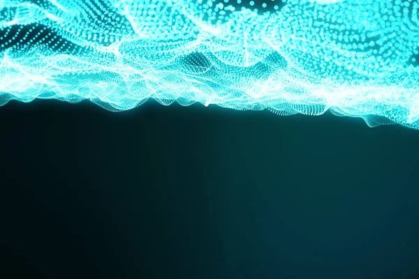 3D візуалізація абстрактного багатокутного хвильового фону з з'єднувальними точками та лініями. Структура з'єднання. Комп'ютер HUD. Потік. Хвиля. Блакитні лінії і точки — стокове фото