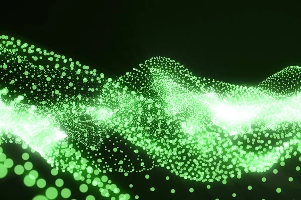 3D rendering Hi-tech digitala terräng, grön abstrakt utrymme på mörk bakgrund med ansluta prickar och linjer. — Stockfoto