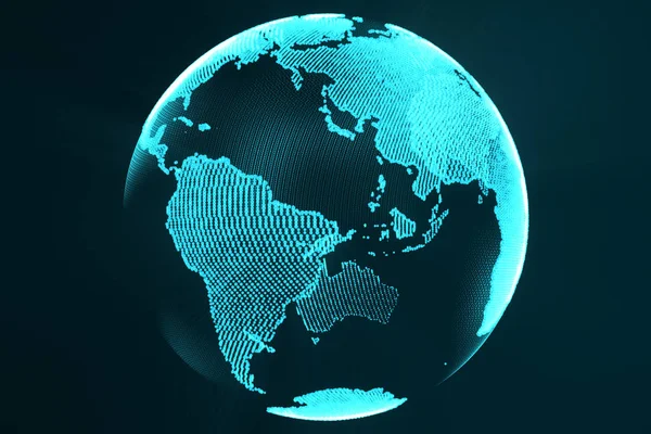 3d 渲染数字地球全息摄影的概念。技术形象全球蓝色未来派色彩与光线. — 图库照片