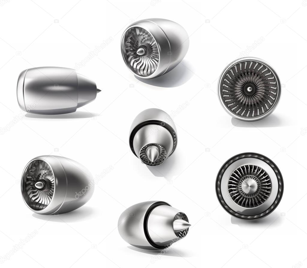 3d rendering turbines set, jet engine set isolated on white background. Technology aircraft, engine power, blade and fan.