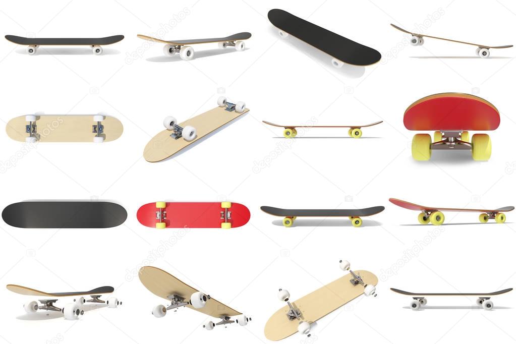 3d rendering collection, group, set of skateboards isolated on white bakcgorund. Photorealistic skateboard template.