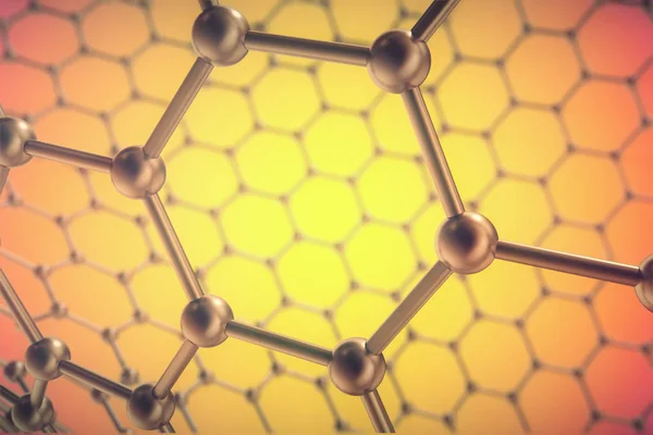 3D візуалізація помаранчевої нанотехнології, шестикутна геометрична форма крупним планом, атомна структура концептуального графена, молекулярна структура концептуального графена — стокове фото
