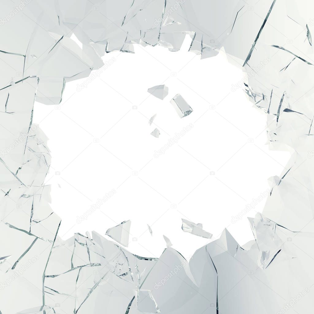 3d rendering broken glass background, abstract Illustration of broken glass into pieces isolated on white background