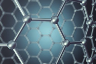 3D render soyut nanoteknoloji altıgen geometrik form yakın çekim, kavram grafen moleküler yapısı
