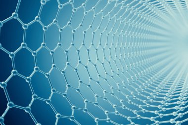 3D render soyut tüp nanoteknoloji altıgen geometrik form yakın çekim, kavram grafen moleküler yapısı.