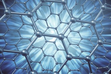 3D render soyut nanoteknoloji altıgen geometrik form yakın çekim, kavram grafen moleküler yapısı.
