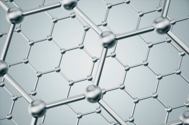 3D render soyut nanoteknoloji altıgen geometrik form yakın çekim, kavram grafen atomik yapısı, kavram grafen moleküler yapısı