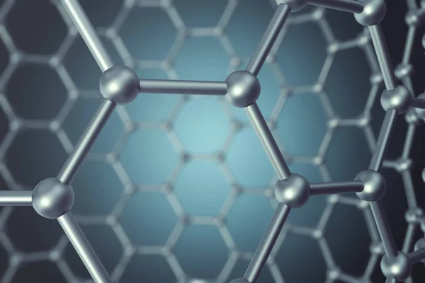 3d рендеринг абстрактной нанотехнологии шестиугольная геометрическая форма крупным планом, концепция молекулярной структуры графена — стоковое фото