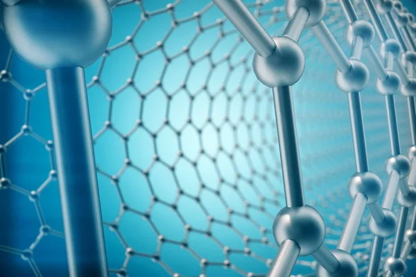 3D рендеринга абстрактних труб нанотехнології гексагональної геометричної форми крупним планом, концептуальна графенна молекулярна структура — стокове фото