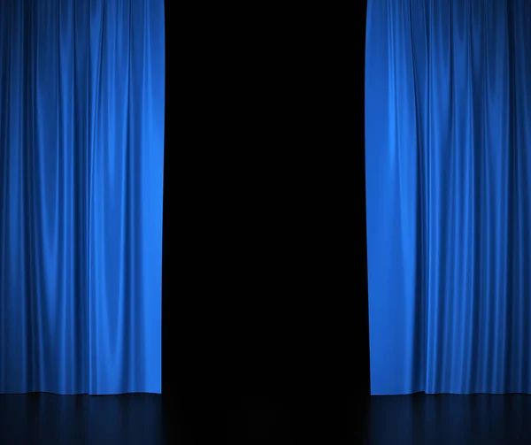 Open blue silk curtains for theater and cinema spotlit light in the center.