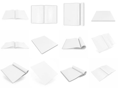 3d işleme açık ve kapalı kitap veya günlük boş beyaz kapaklı beyaz arka plan üzerinde izole gerçekçi kümesi.