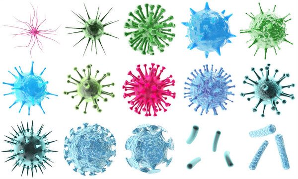 3d rendering virus bacteria icons set, abstract beautiful microbiological colorful cell microbe virus molecule bacteria objects set isolated on black background.