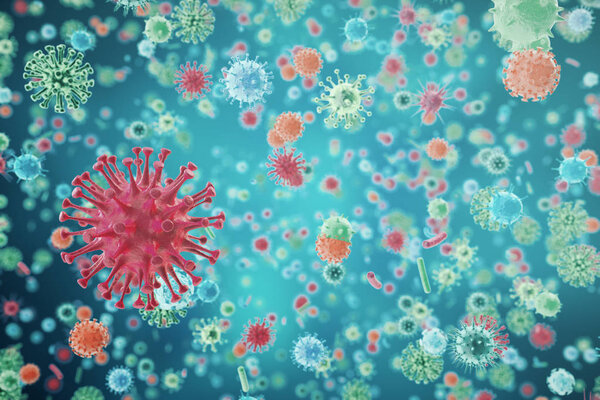 Viruses in infected organism, viral disease epidemic, virus abstract background. 3d rendering