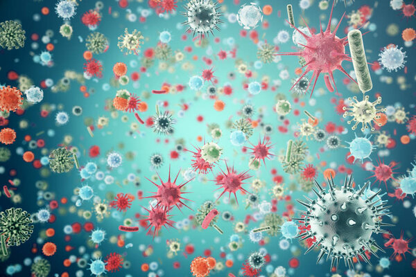 Hepatitis, H1N1, HIV, FLU, AIDS viruses abstract background. 3d rendering