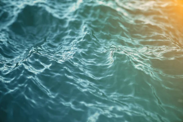 Fondo de agua azul con ondulaciones, mar, vista de ángulo bajo de onda oceánica. Primer plano Fondo de la naturaleza. Enfoque suave con enfoque selectivo, renderizado 3D — Foto de Stock