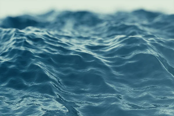 Blue water background with ripples, sea, ocean wave low angle view. Close-up Nature background. Soft focus with selective focus, 3d rendering — Stock Photo, Image